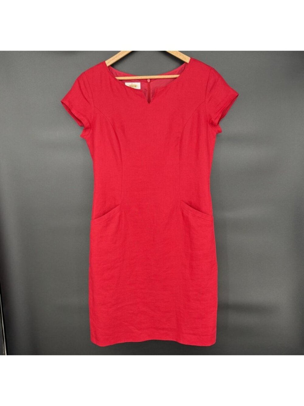 Talbots Women's Irish Linen Sheath Dress 8 Red Pockets Short Sleeve Career